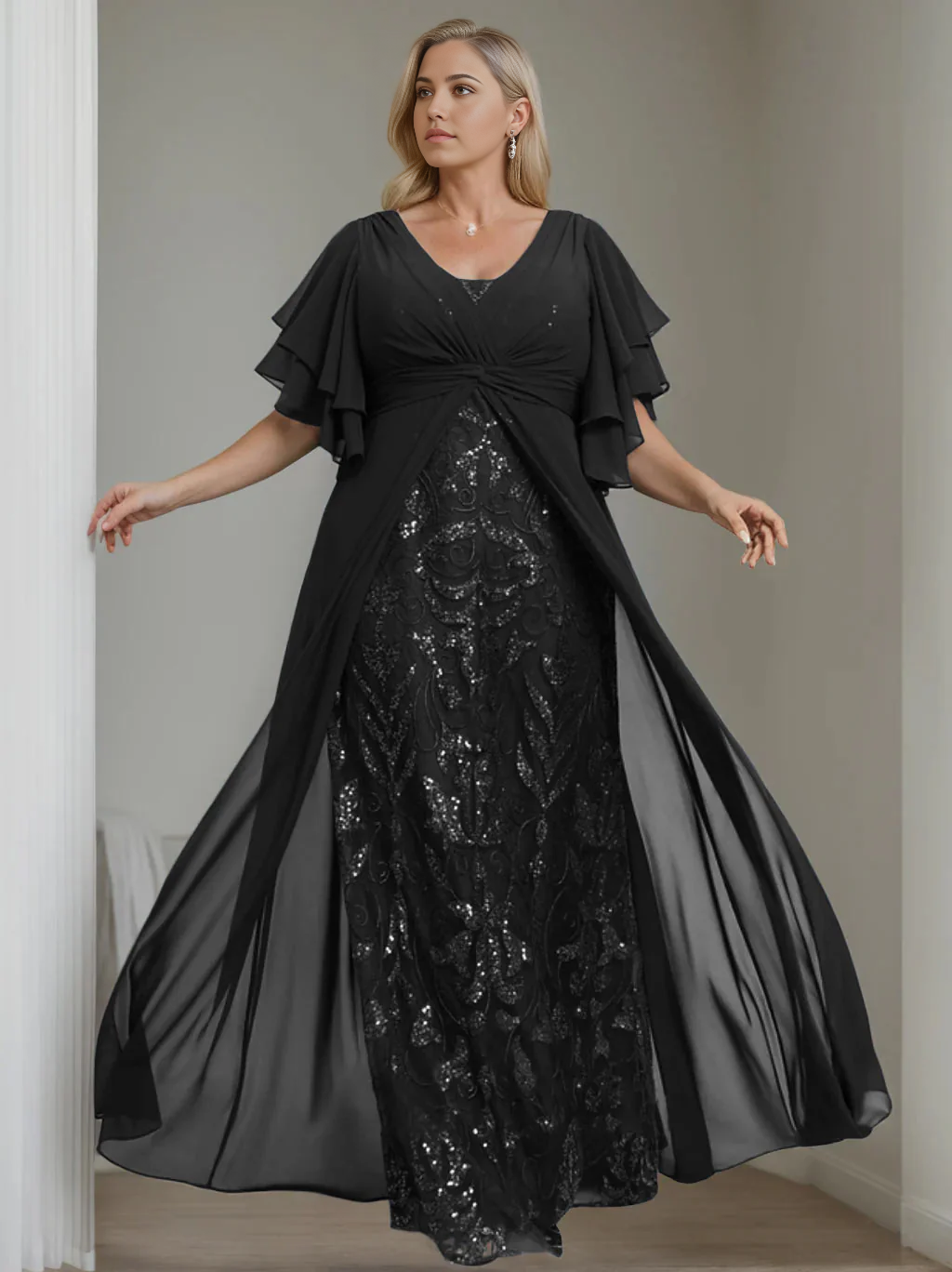 Plus Size A-Linie Prinzessin V-Ausschnitt Halbarm Bodenlang Kleider für die Brautmutter mit Plissee